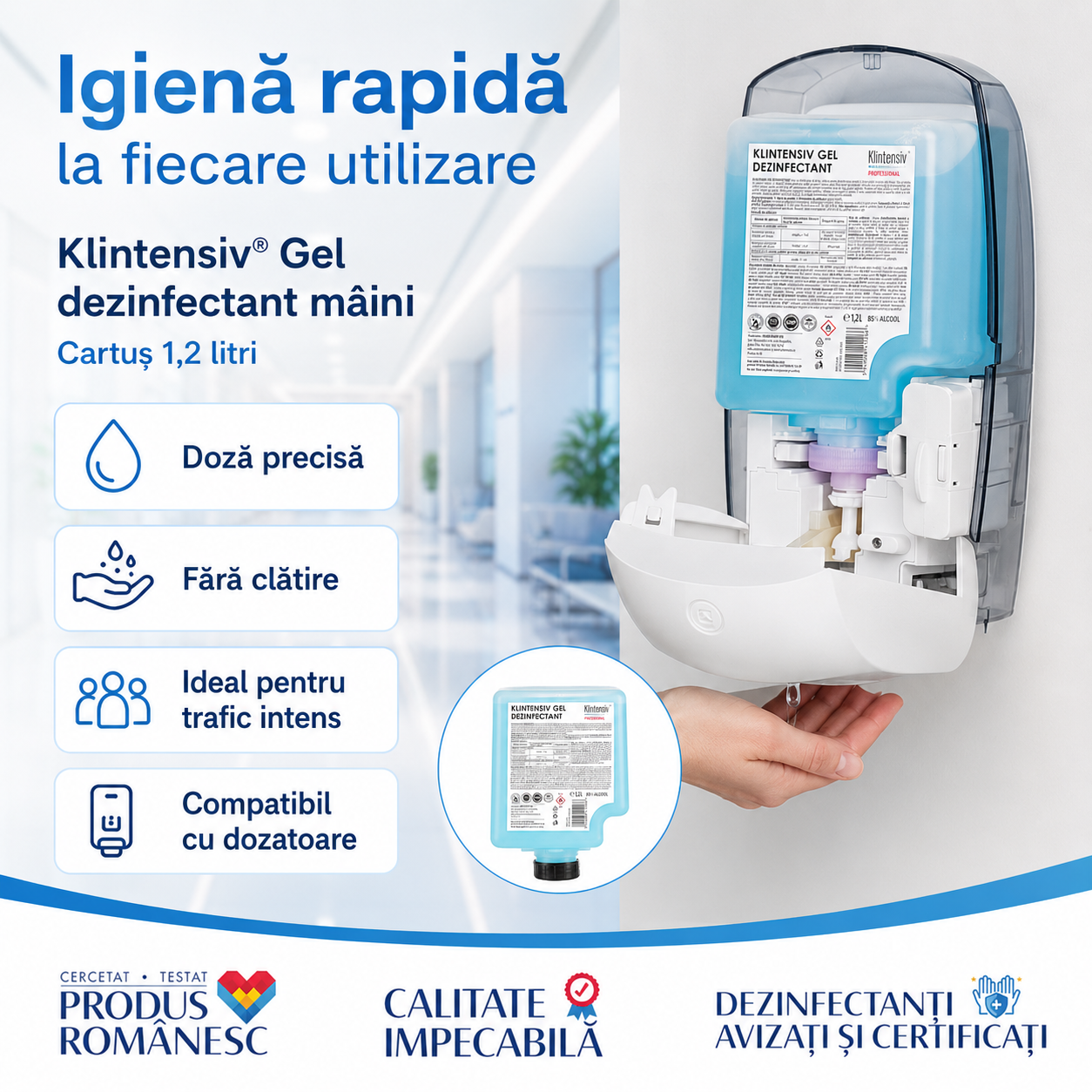 Gel dezinfectant mâini Klintensiv cu 85% etanol testat dermatologic