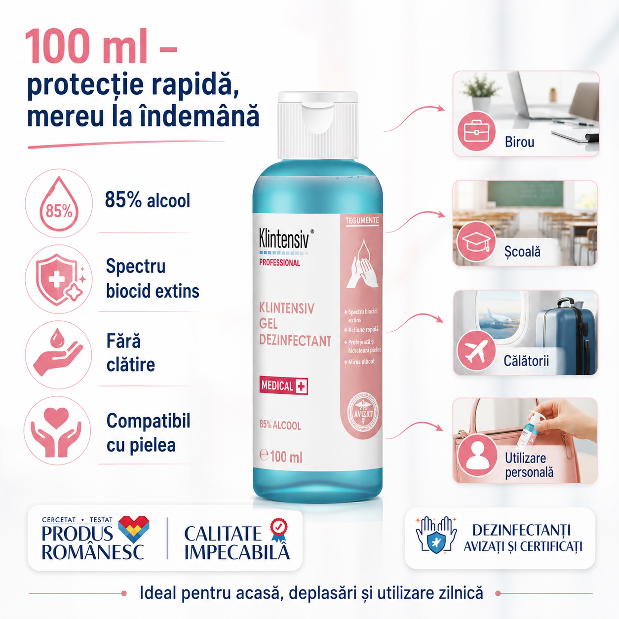 Gel dezinfectant Klintensiv cu 85% etanol pentru igiena mâinilor fără clătire