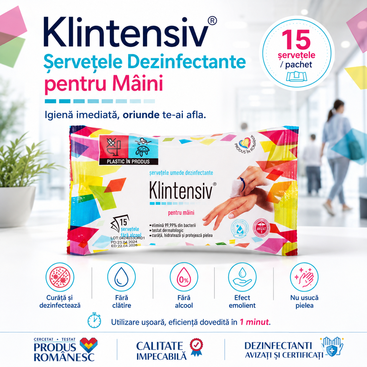 Șervețele dezinfectante Klintensiv pentru m&acirc;ini utilizare rapidă &icirc;n spații publice