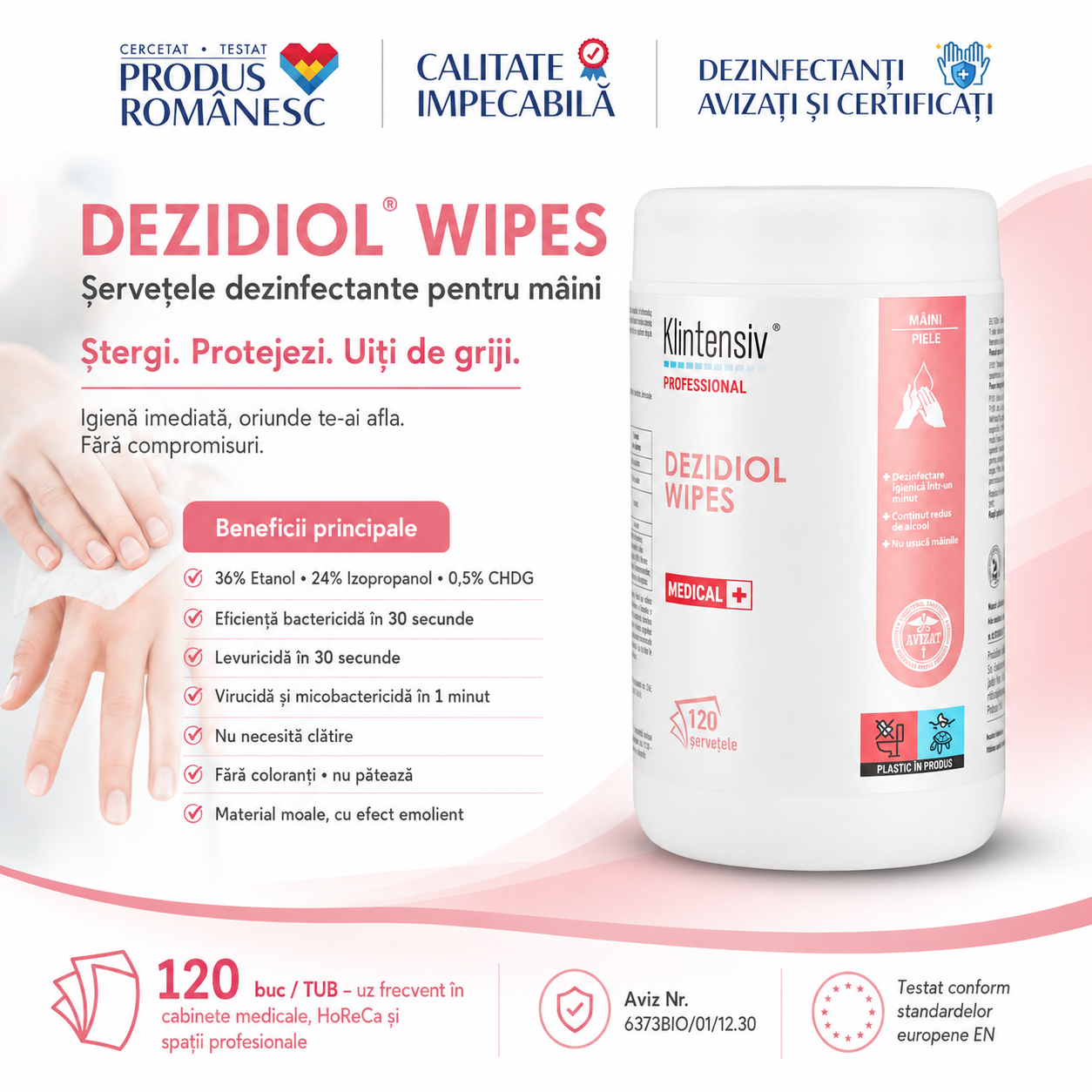 Dezidiol Wipes formulă cu 36% etanol 24% izopropanol și 0,5% clorhexidină