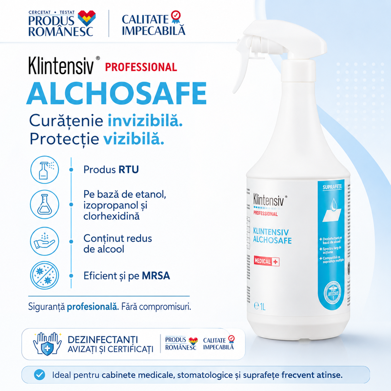 Klintensiv Alchosafe cu 36% etanol 24% izopropanol și 0,5% clorhexidină
