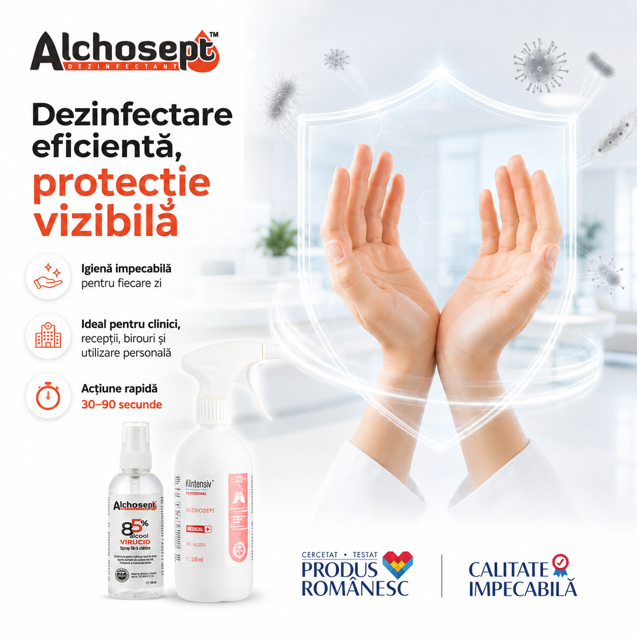 Alchosept formulă hidroalcoolică 85% etanol pentru dezinfectarea m&acirc;inilor și pielii