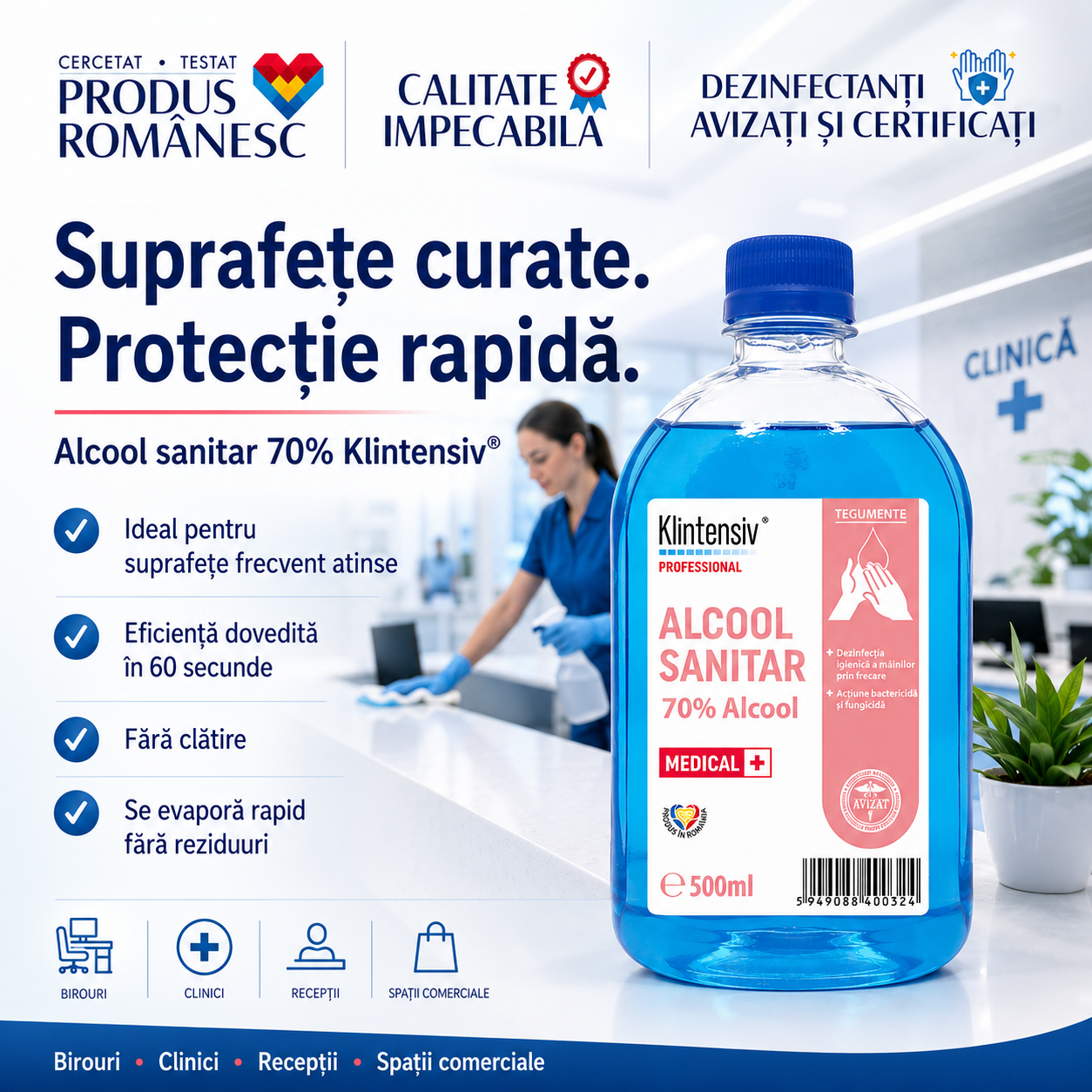 Alcool sanitar Klintensiv 70% cu etanol pentru dezinfectarea rapidă a m&acirc;inilor și suprafețelor
