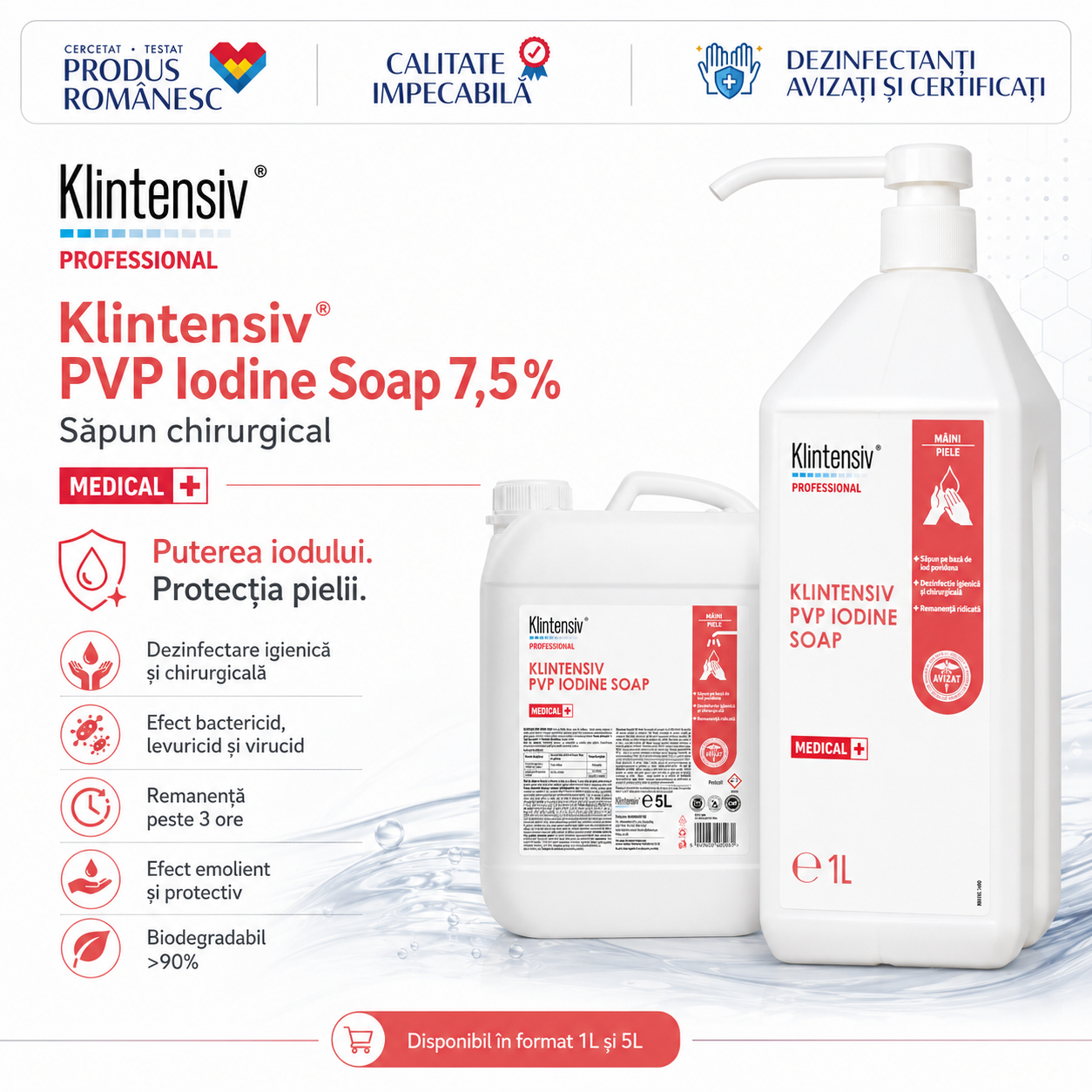 Klintensiv PVP Iodine Soap pentru dezinfectarea igienică și chirurgicală a m&acirc;inilor și pielii