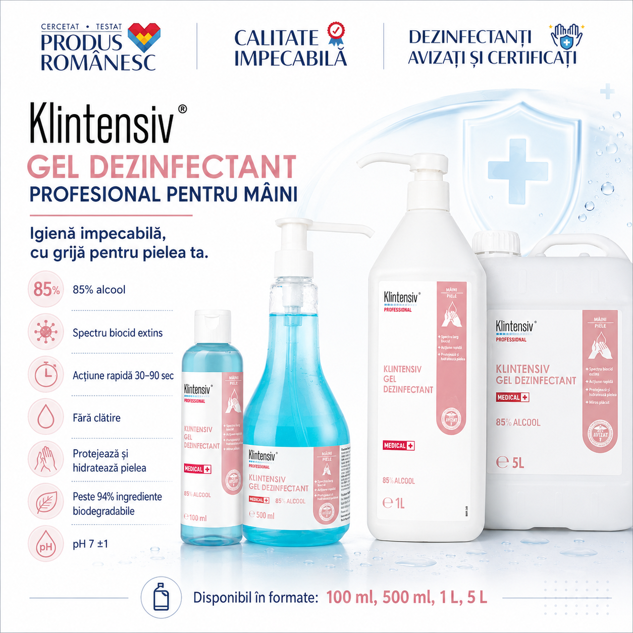 Beneficii Klintensiv Gel Dezinfectant m&acirc;ini acțiune rapidă testat dermatologic biodegradabil