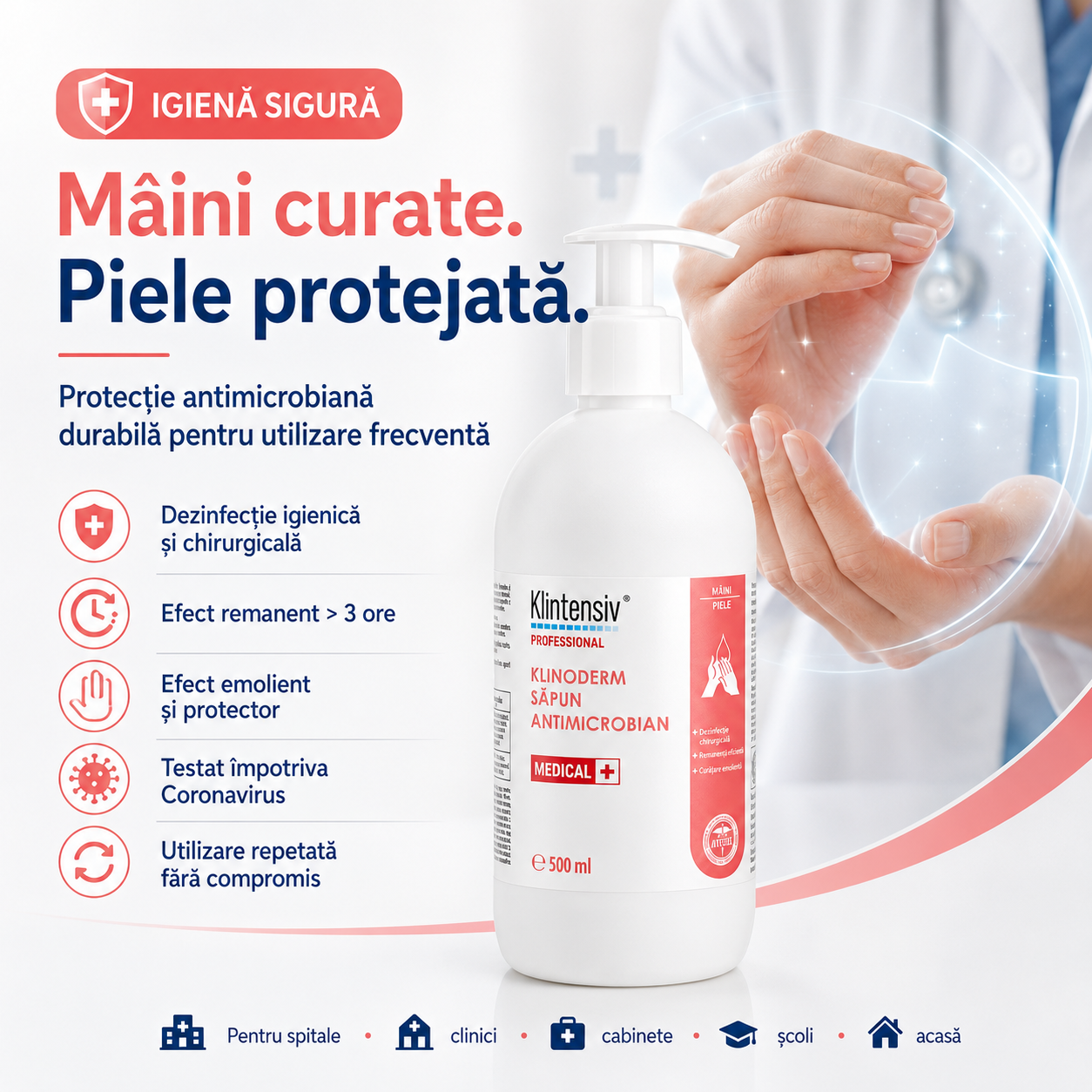 Beneficii Klinoderm săpun dezinfectant biodegradabil fără coloranți efect remanent peste 3 ore