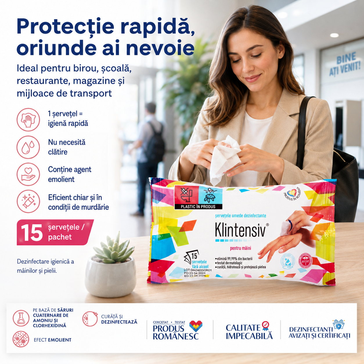 Beneficii șervețele dezinfectante Klintensiv fără clătire fără coloranți cu agent emolient