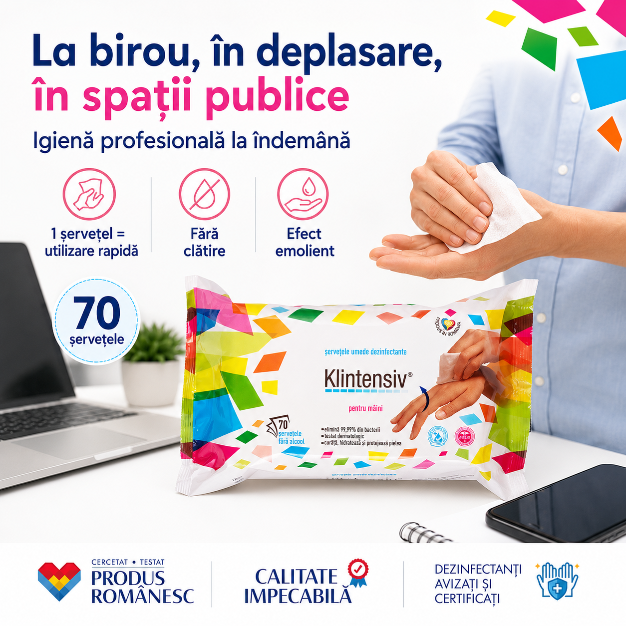 Beneficii șervețele dezinfectante Klintensiv fără clătire fără coloranți cu agent emolient