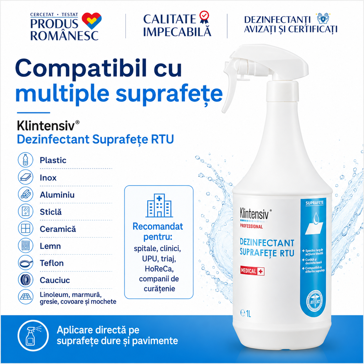 Beneficii Klintensiv Dezinfectant Suprafețe RTU biodegradabil fără coloranți spectru larg