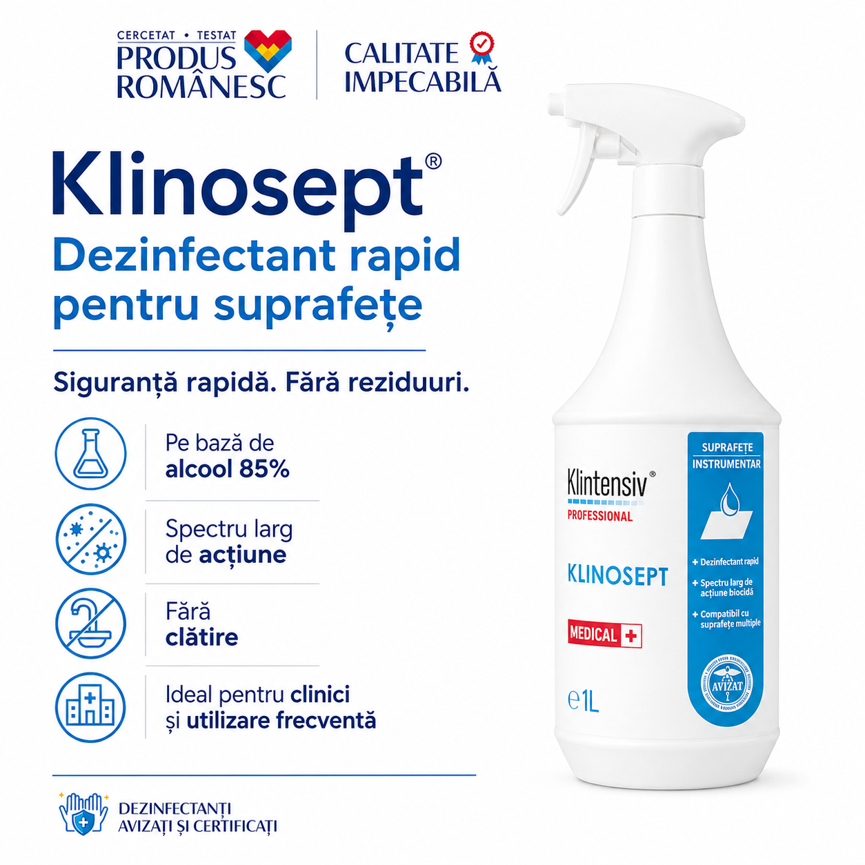 Beneficii Klinosept 85% etanol acțiune rapidă fără clătire fără reziduuri