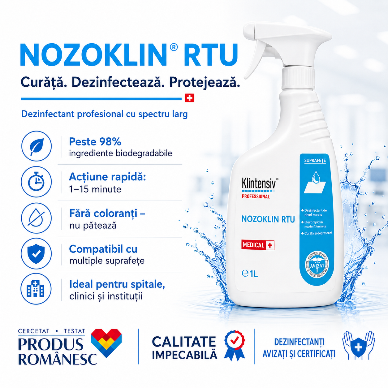 Beneficii Nozoklin RTU biodegradabil fără coloranți bactericid virucid fungicid