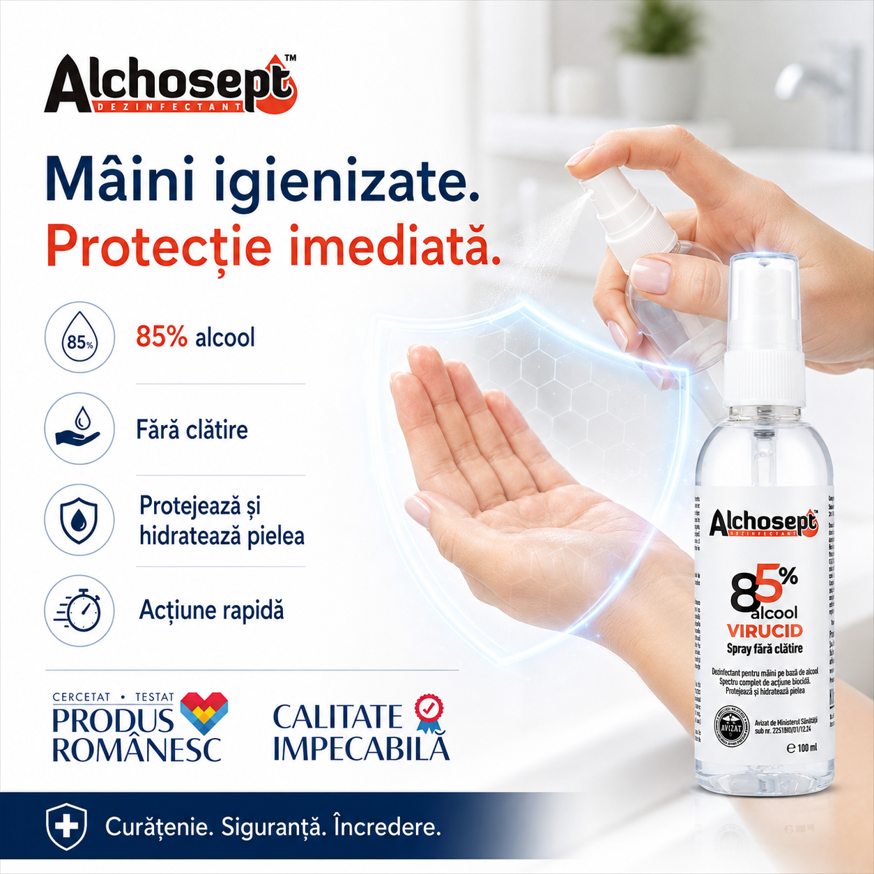 Beneficii Alchosept dezinfectare igienică 30 secunde chirurgicală 90 secunde testat dermatologic