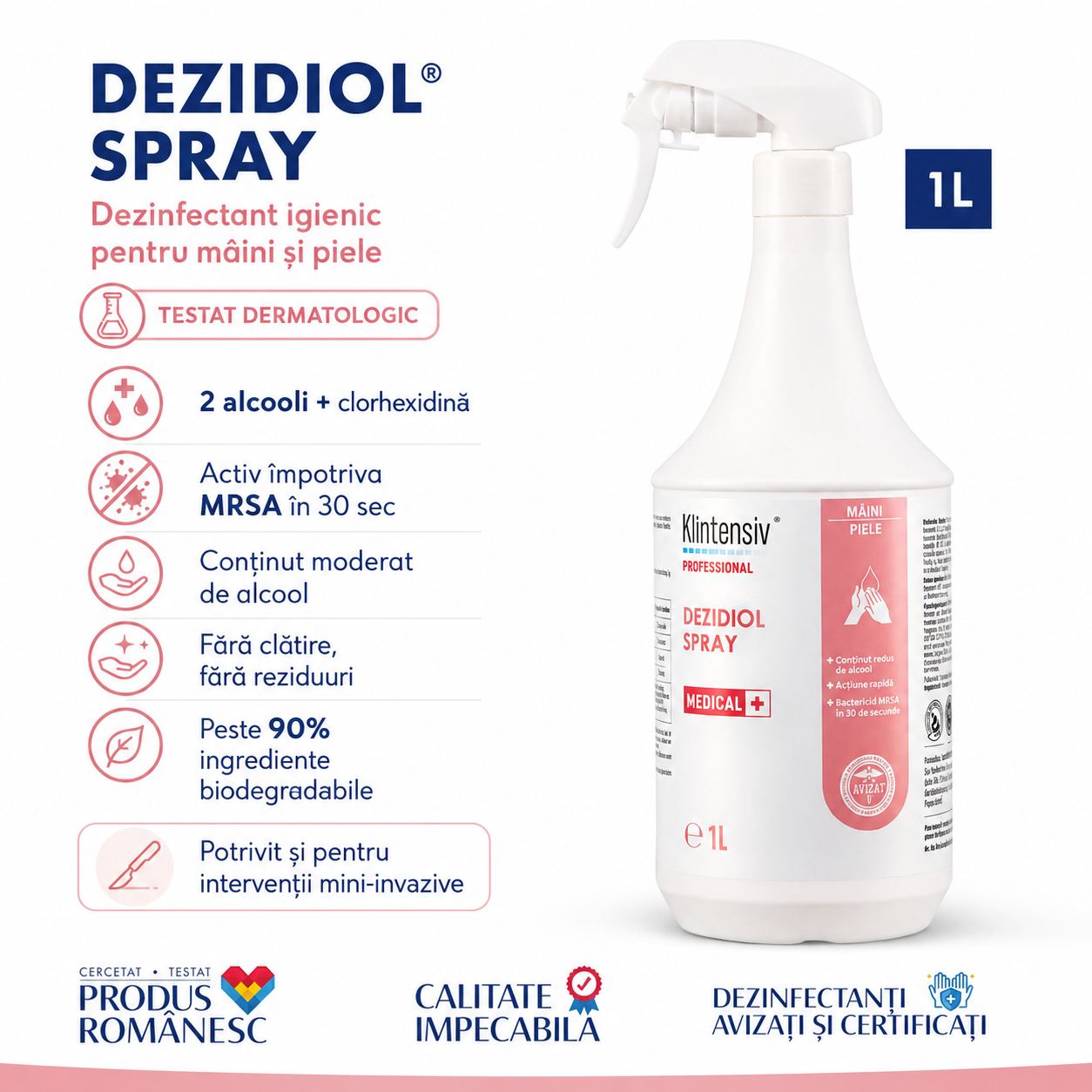 Beneficii Dezidiol Spray dezinfectant mâini testat dermatologic fără coloranți fără reziduuri