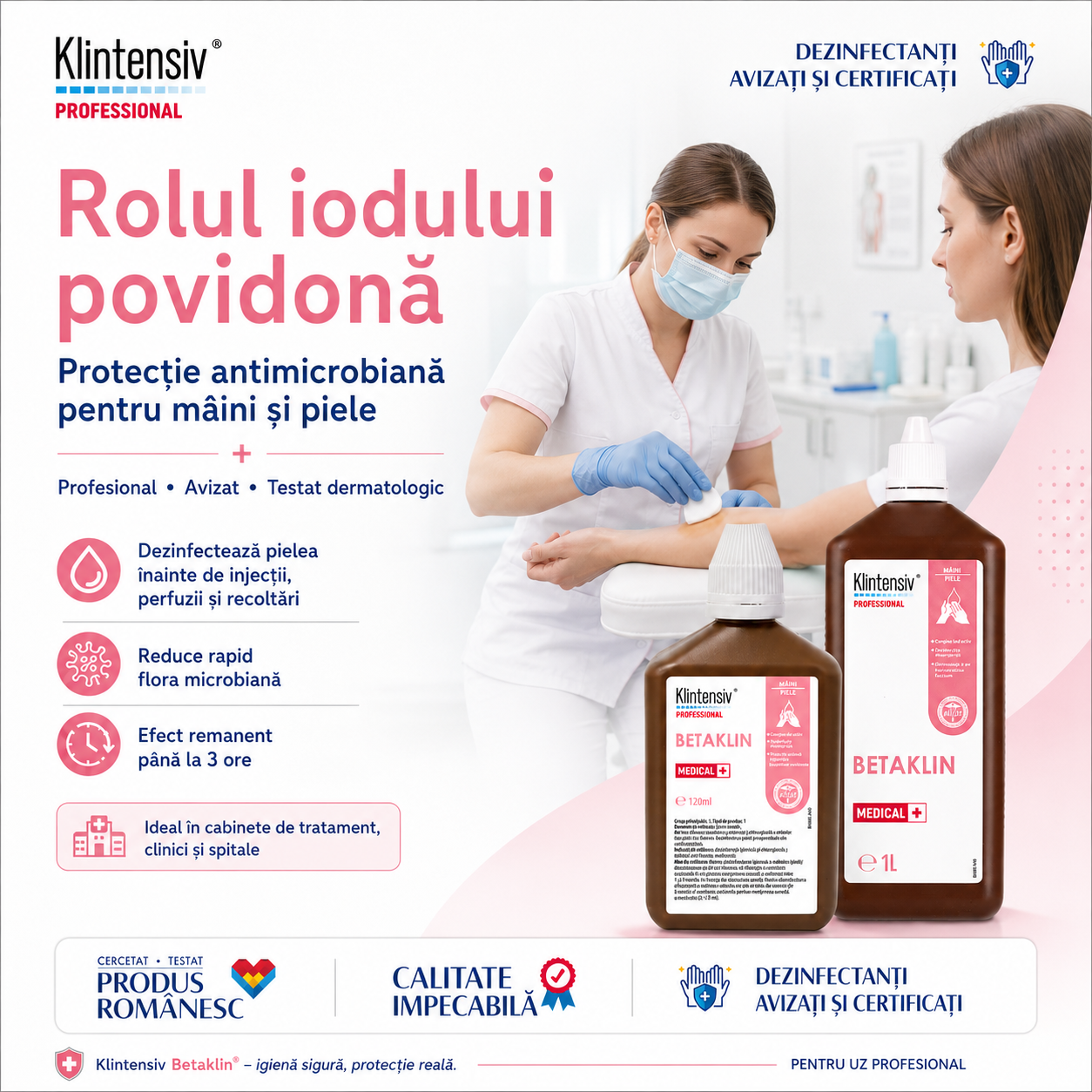 Beneficii Betaklin iod povidonă efect remanent MRSA Candida auris testat dermatologic