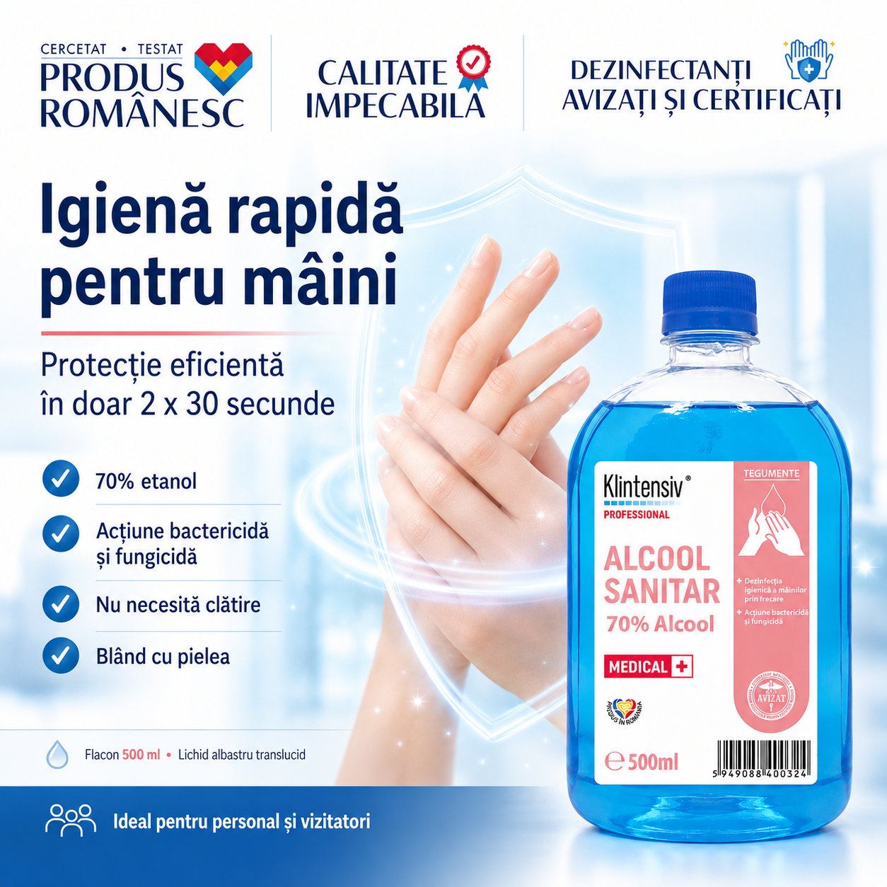 Beneficii Alcool sanitar Klintensiv 70% acțiune rapidă fără clătire fără reziduuri