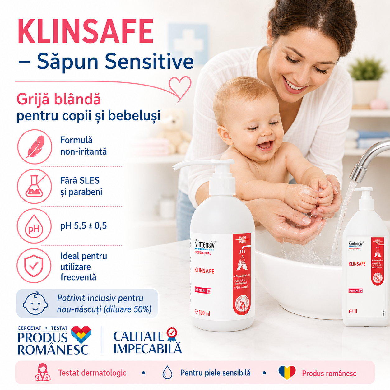 Beneficii Klintensiv KlinSafe testat dermatologic non iritant pH 5,5 piele sensibilă