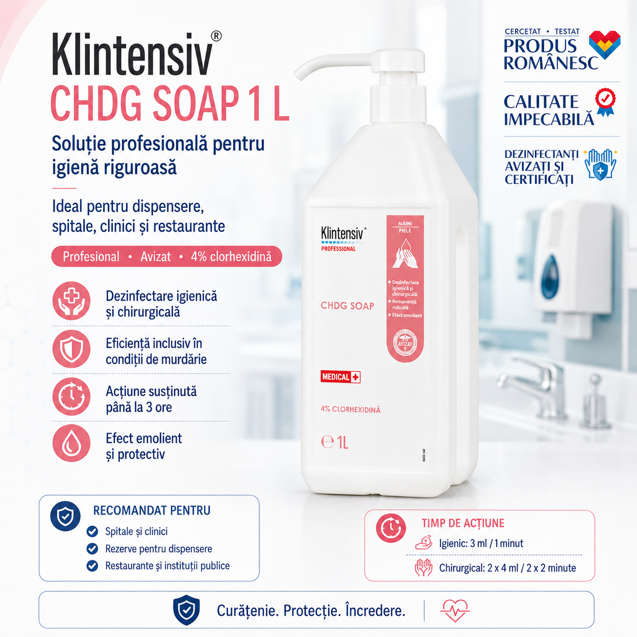 Beneficii Klintensiv CHDG Soap clorhexidină 4% biodegradabil bactericid virucid Coronavirus