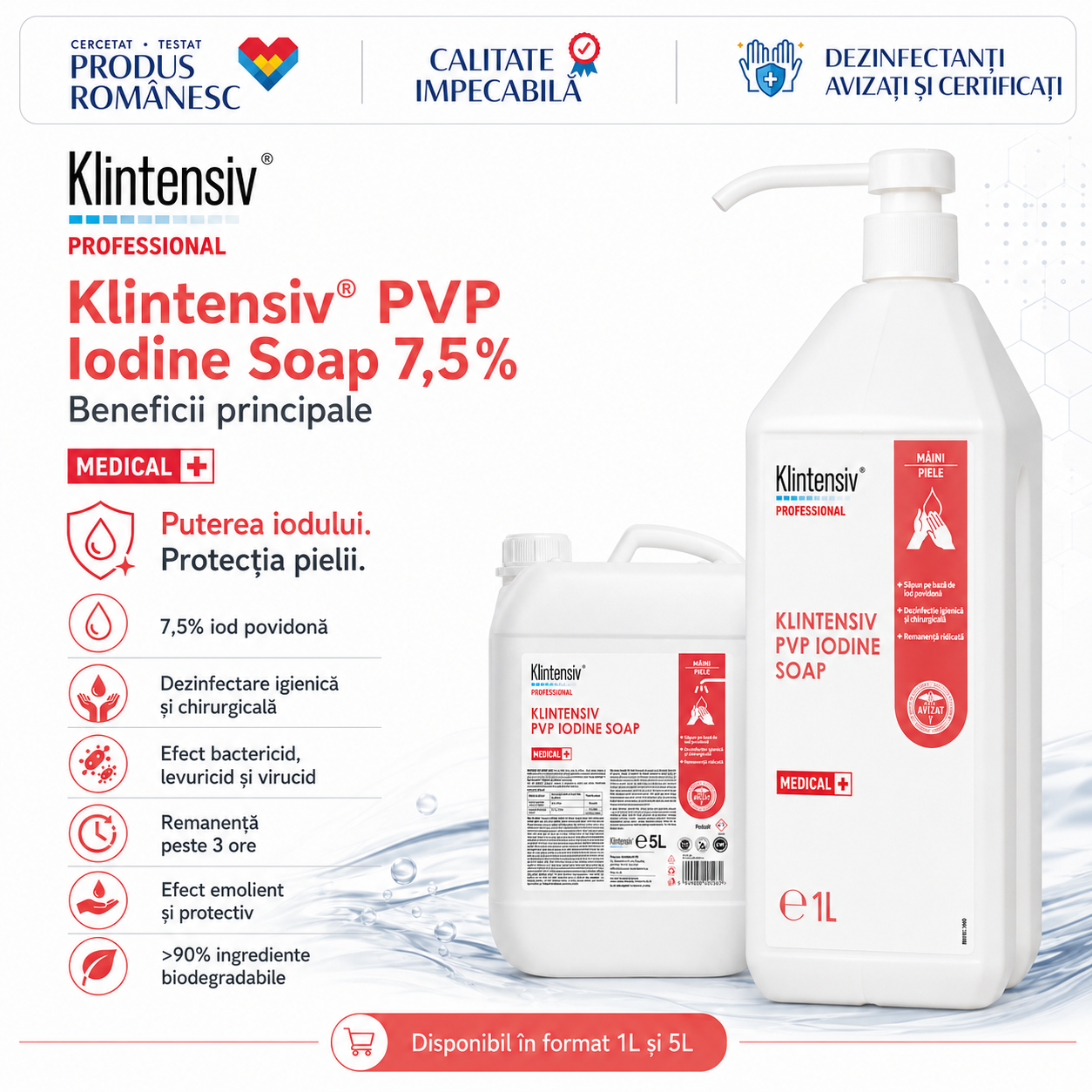 Beneficii Klintensiv PVP Iodine Soap iod povidonă 7,5% bactericid levuricid virucid
