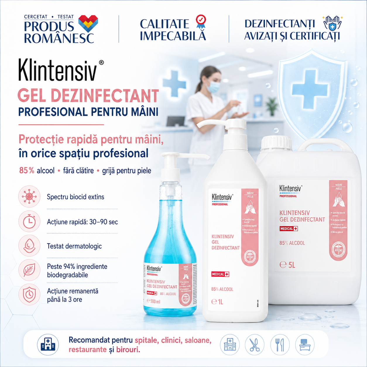 Klintensiv Gel Dezinfectant pentru spitale clinici saloane restaurante birouri școli și acasă