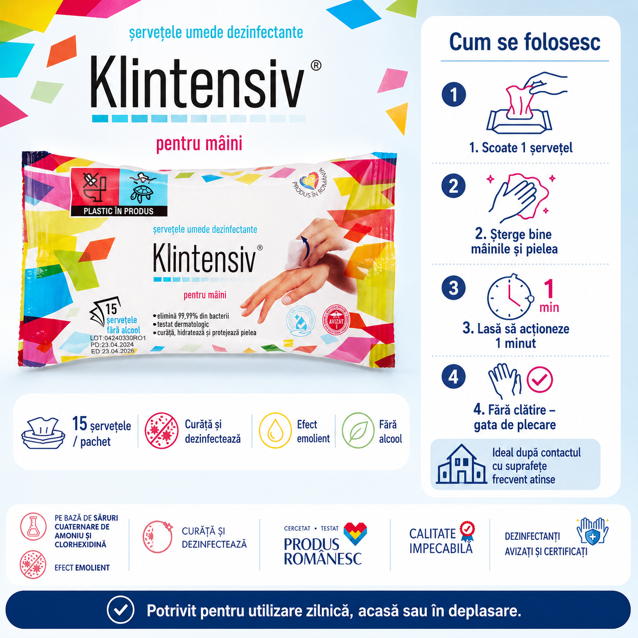 Klintensiv șervețele dezinfectante pentru birou școli restaurante magazine transport public și clinici