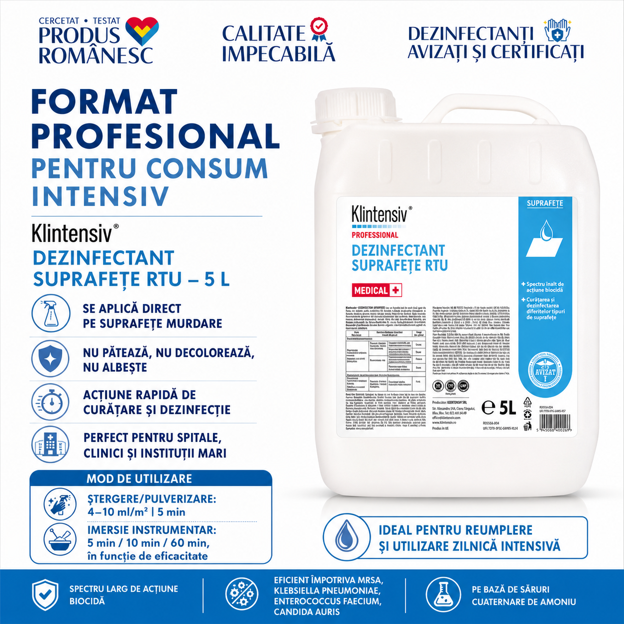 Klintensiv Dezinfectant Suprafețe RTU compatibil plastic inox aluminiu ceramică sticlă lemn pavimente