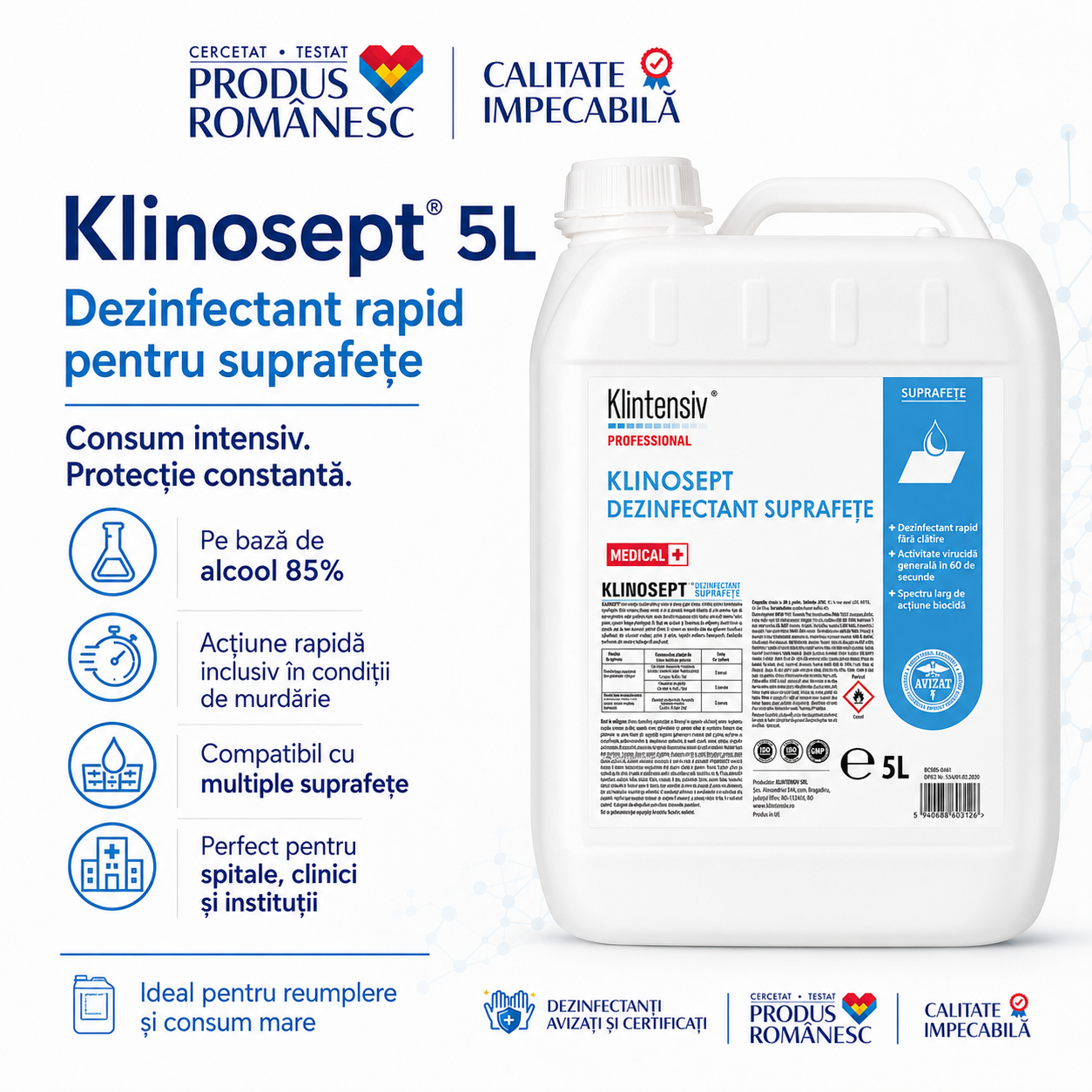 Klinosept pentru spitale clinici ambulanțe centre de triaj UPU și spații publice