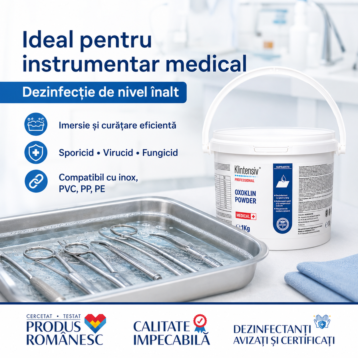 Oxoklin Powder pentru suprafețe instrumentar medical dispozitive textile spitale clinici HoReCa
