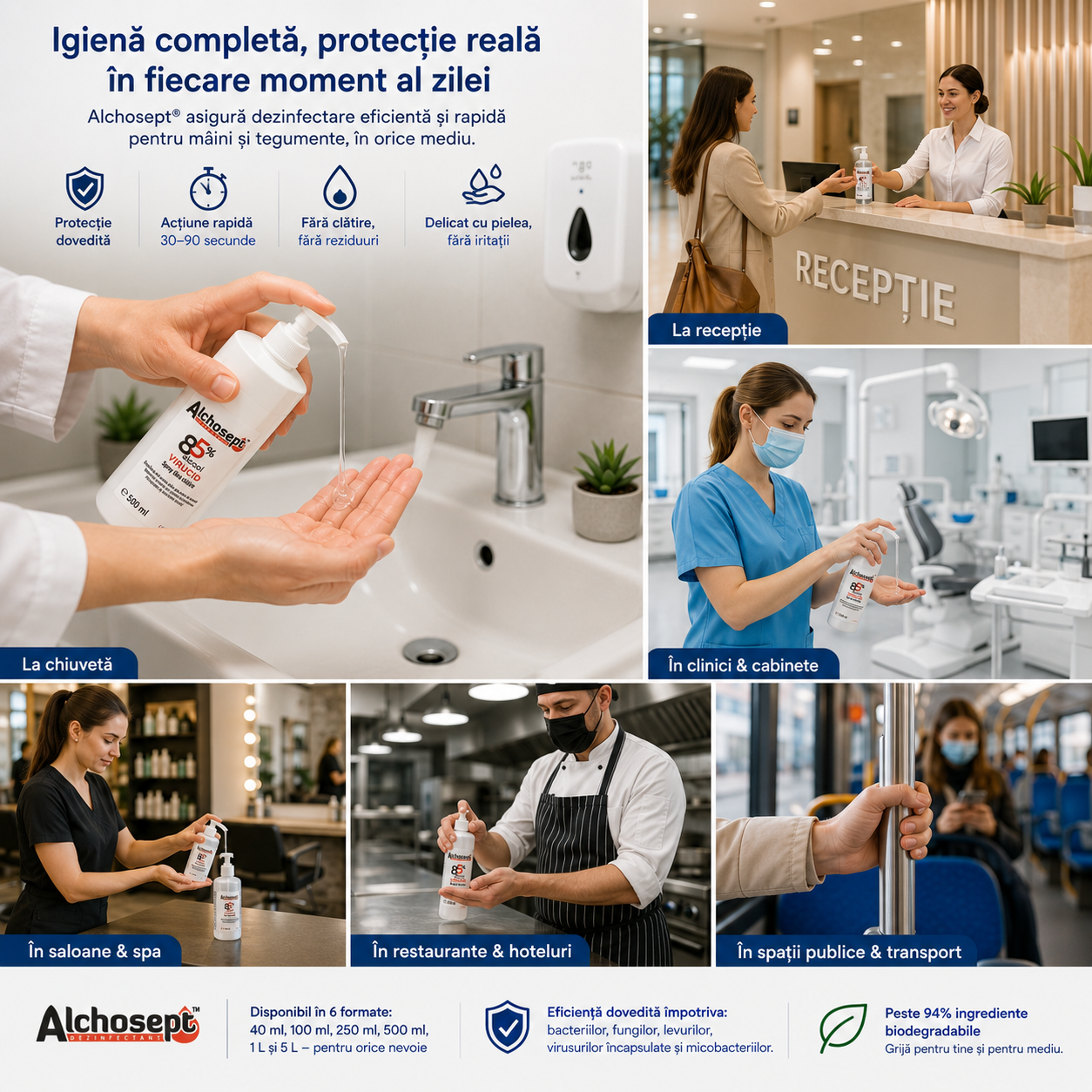 Alchosept pentru spitale clinici cabinete saloane restaurante birouri și utilizare personală