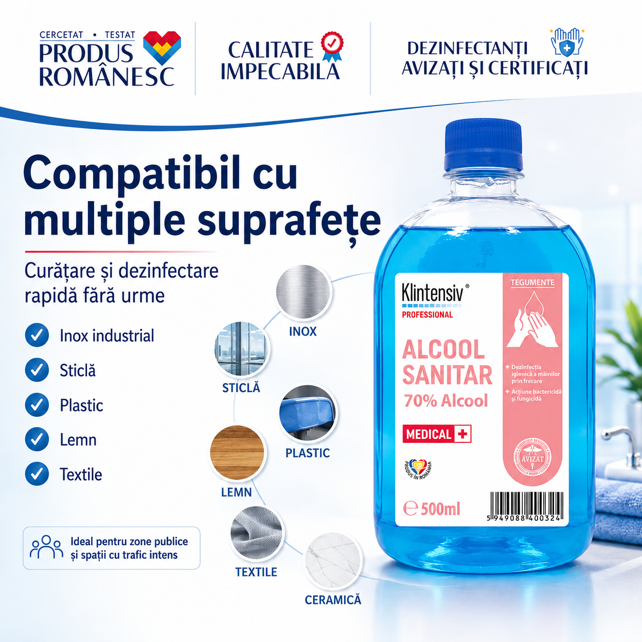 Alcool sanitar Klintensiv 70% pentru clinici birouri restaurante școli saloane și spații comerciale