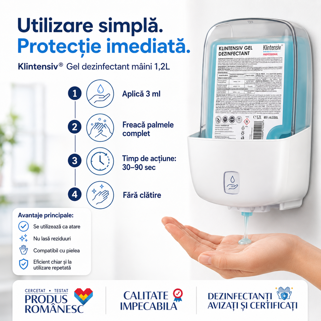 Caracteristici Klintensiv gel dezinfectant mâini gel albastru pH 7 etanol 85%