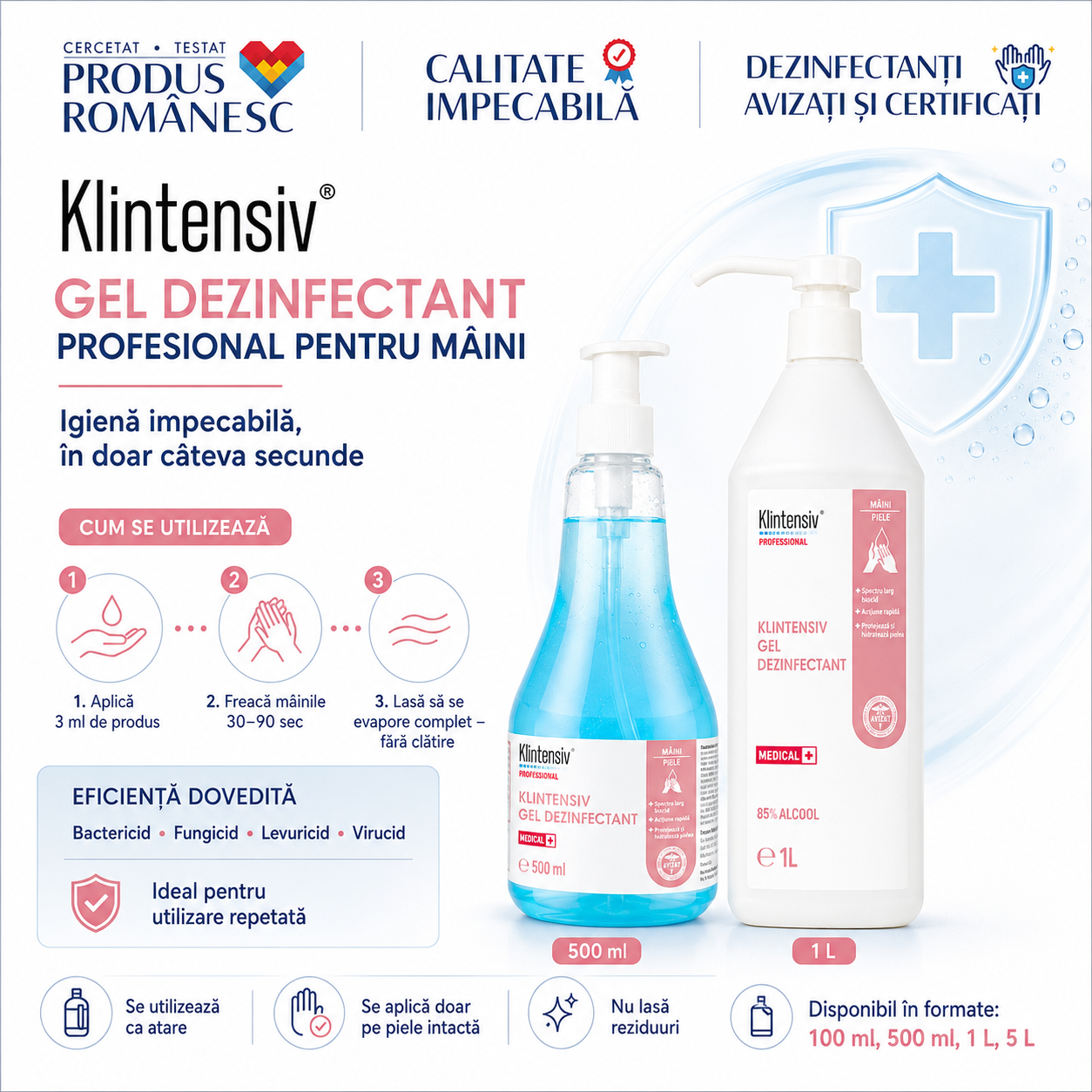 Caracteristici Klintensiv Gel Dezinfectant gel albastru translucid pH 7 etanol 85%