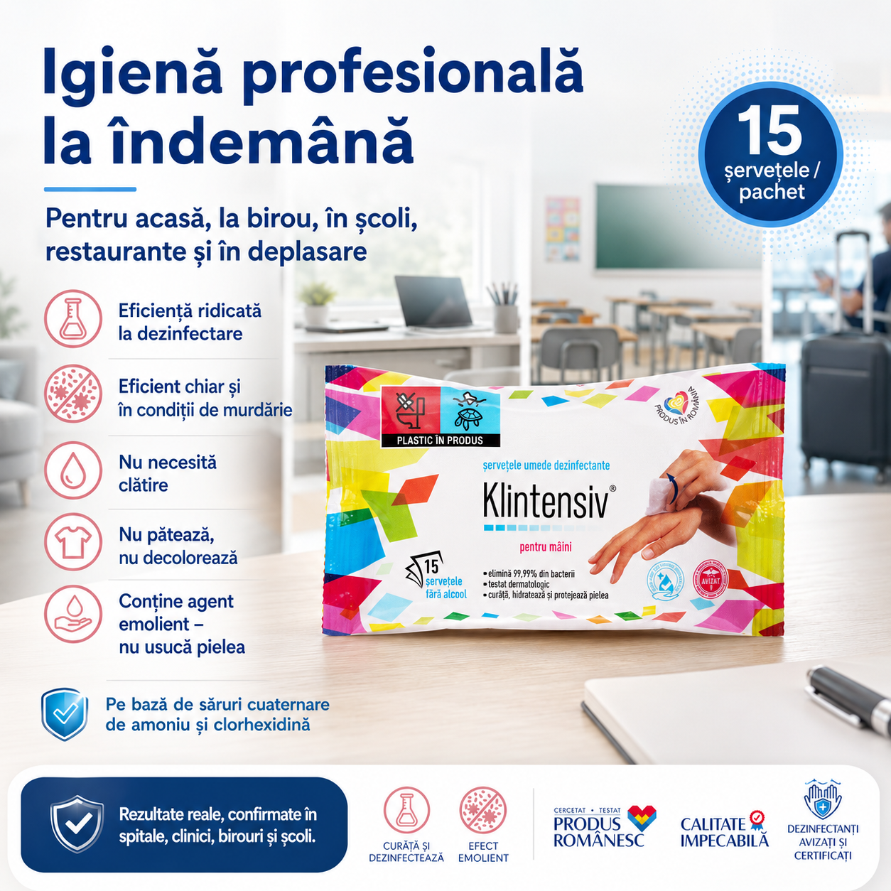 Caracteristici Klintensiv șervețele dezinfectante pH 7 lichid incolor translucid miros parfumat