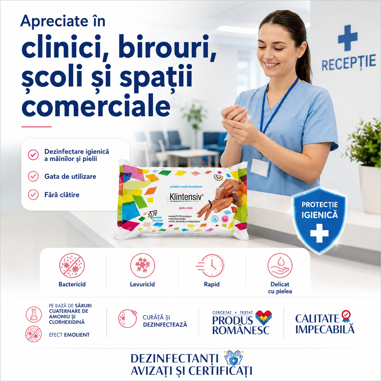 Caracteristici Klintensiv șervețele dezinfectante pH 7 lichid incolor translucid miros parfumat