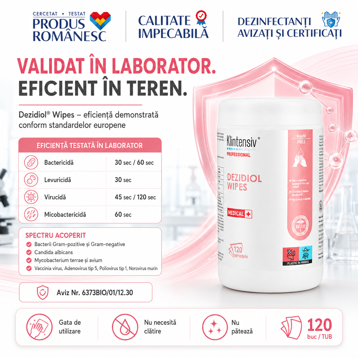 Caracteristici Dezidiol Wipes pH 7,5 miros alcool tub 120 șervețele