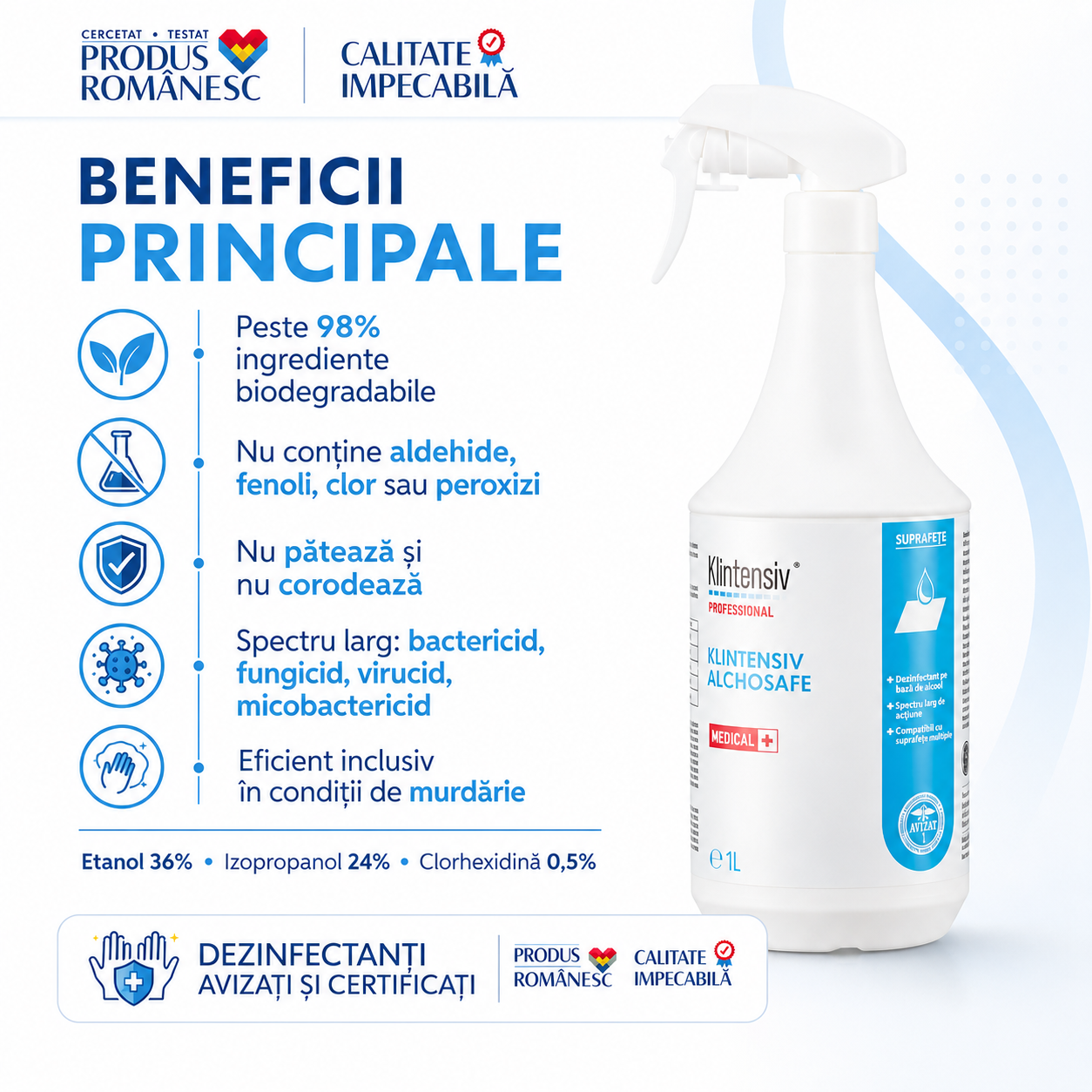 Caracteristici Klintensiv Alchosafe lichid incolor pH 7,5 etanol izopropanol clorhexidină