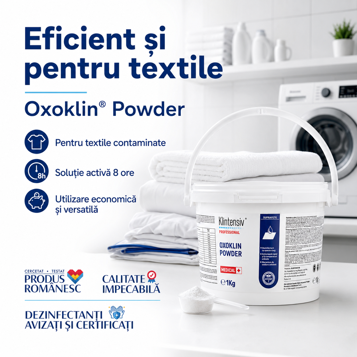 Caracteristici Oxoklin Powder pulbere albă pH 9,5 soluție 0,5% solubil &icirc;n apă
