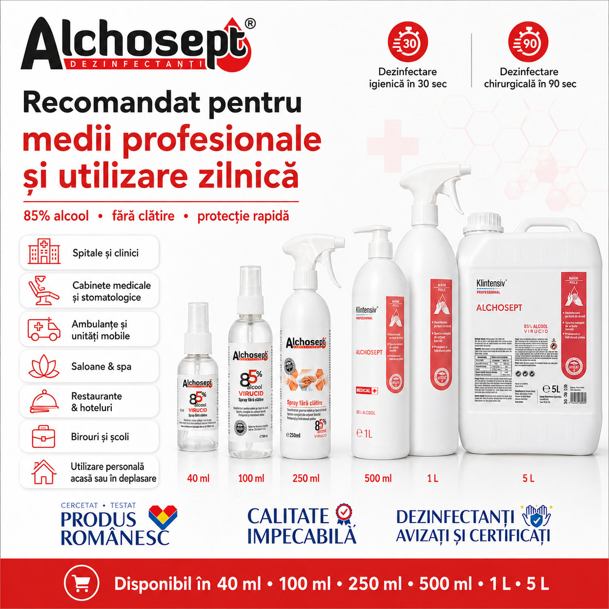 Caracteristici Alchosept lichid incolor pH 7,5 solubil &icirc;n apă 85% etanol