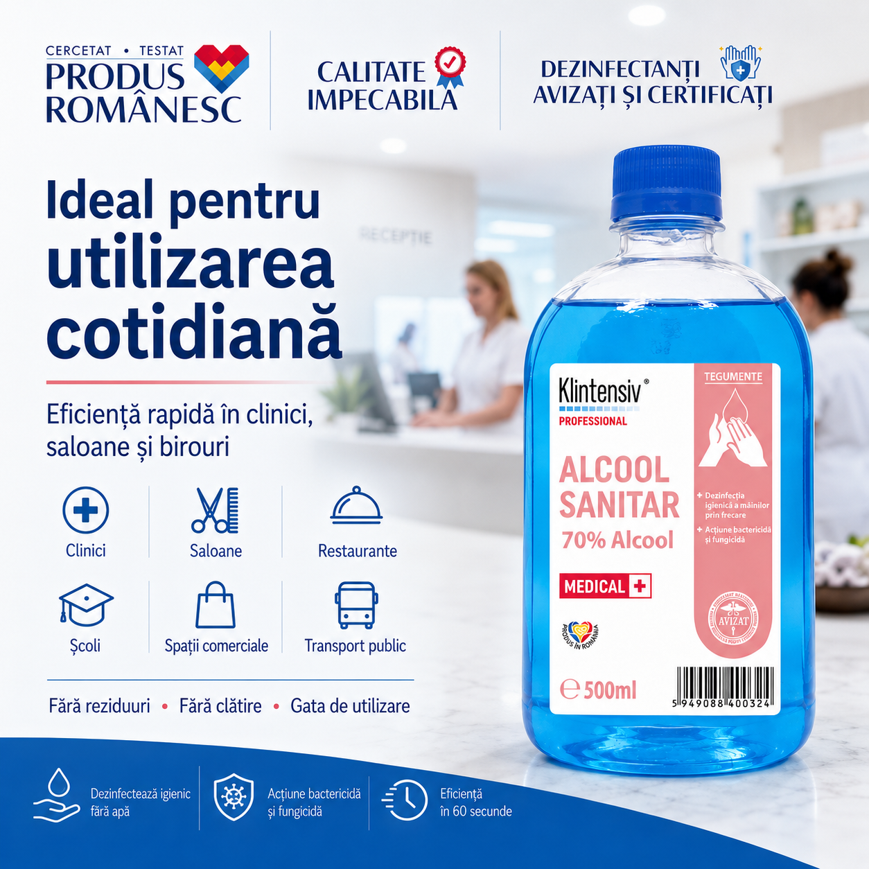 Instrucțiuni utilizare Alcool sanitar Klintensiv 70% 2 x 5 ml 2 x 30 secunde