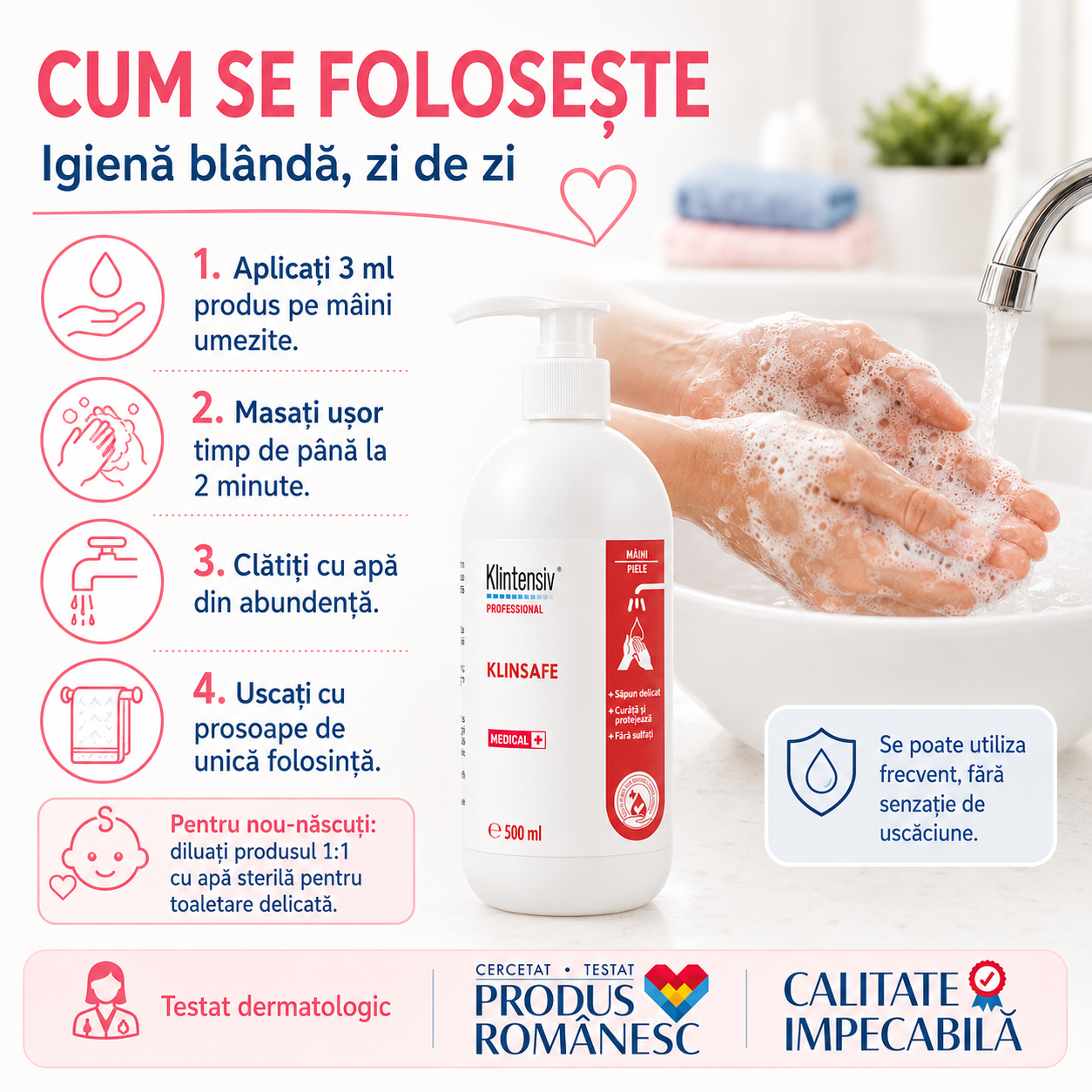 Caracteristici Klintensiv KlinSafe lichid v&acirc;scos opalescent pH 5,5 solubil &icirc;n apă