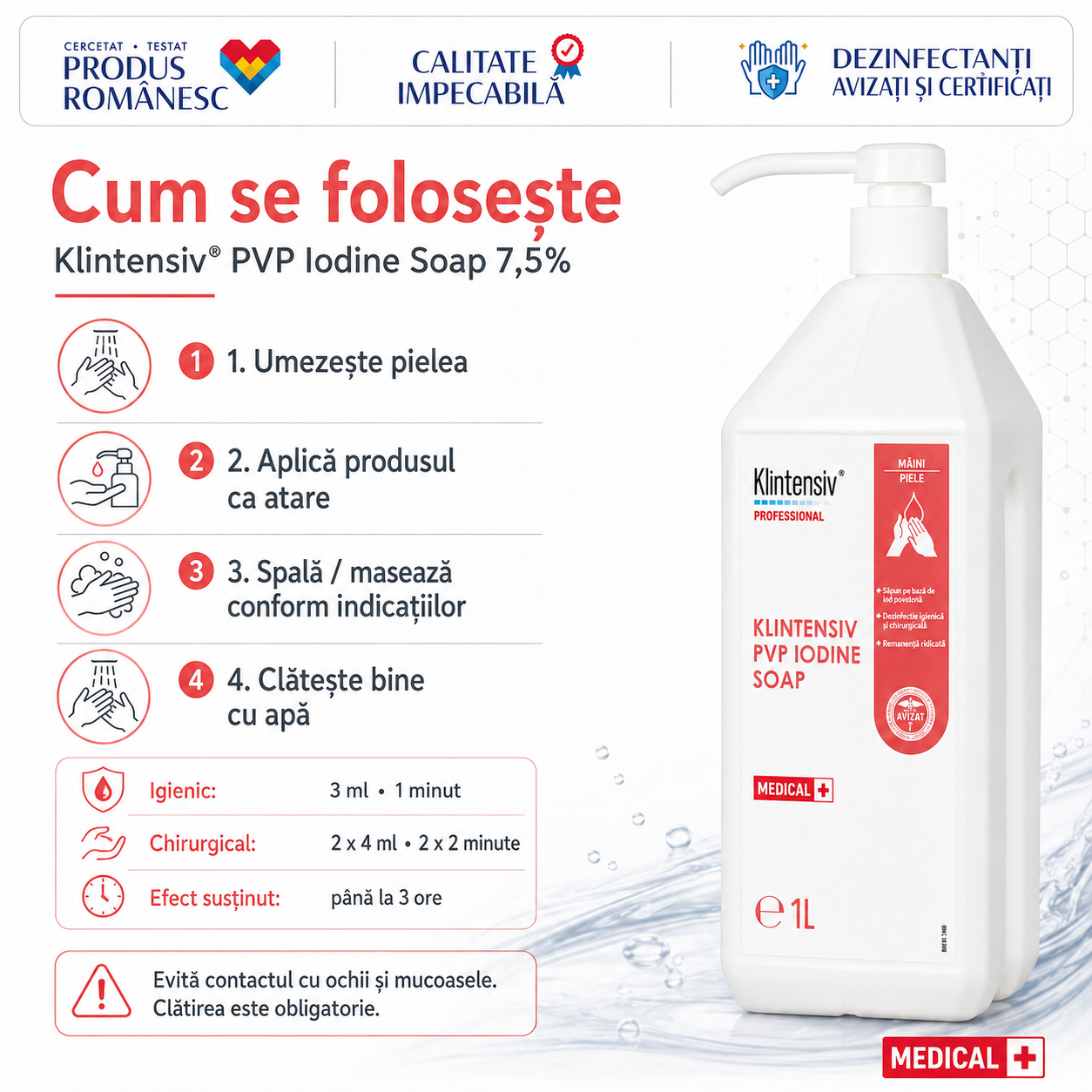 Caracteristici Klintensiv PVP Iodine Soap lichid brun iod povidonă pH 4 solubil &icirc;n apă