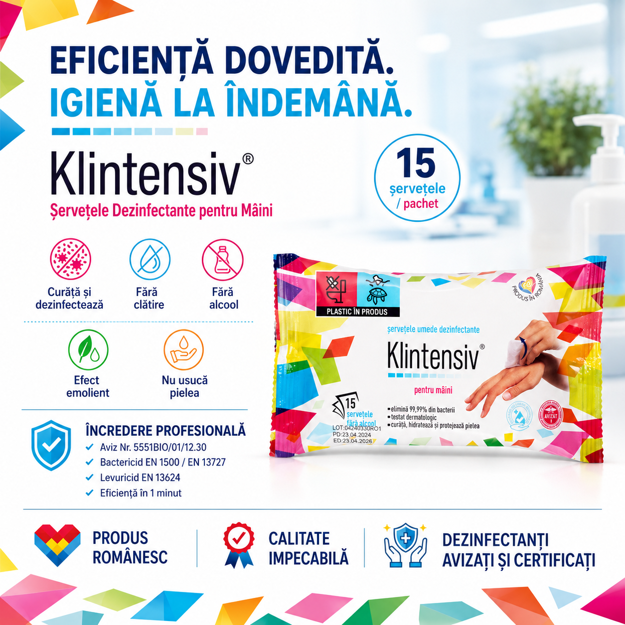 Instrucțiuni utilizare șervețele dezinfectante Klintensiv 1 șervețel 1 minut fără clătire