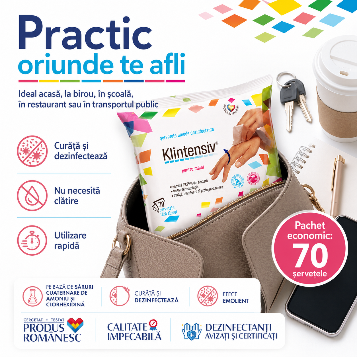 Instrucțiuni utilizare șervețele dezinfectante Klintensiv 1 șervețel 1 minut fără clătire