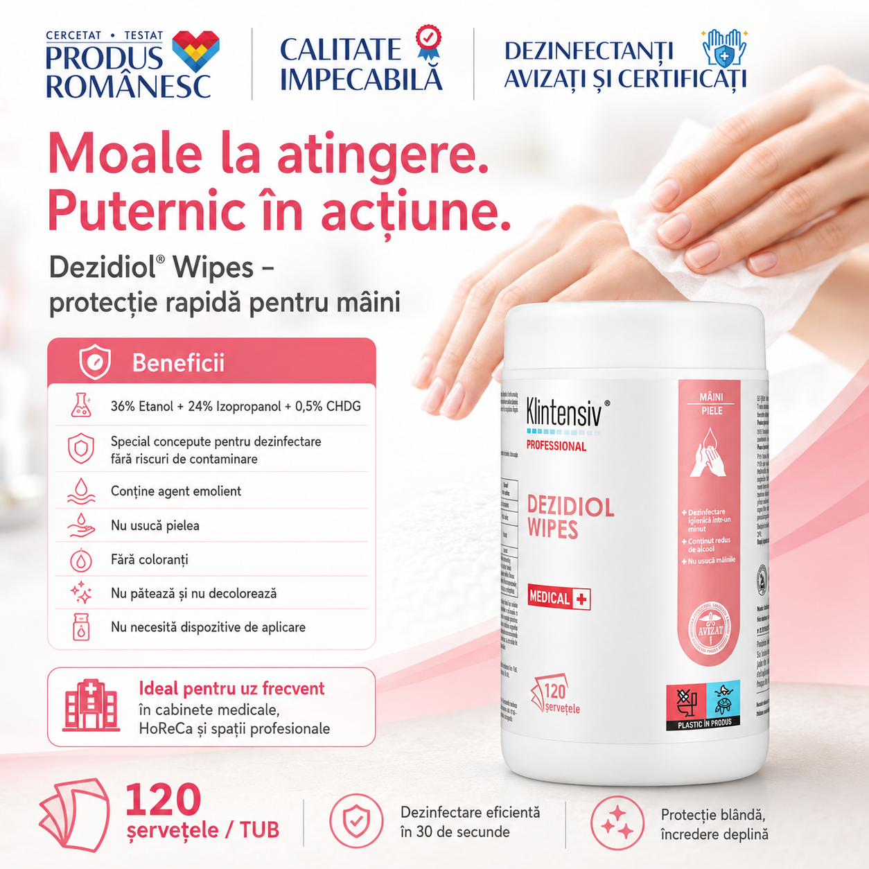 Instrucțiuni utilizare Dezidiol Wipes aplicare pe m&acirc;ini uscate fără clătire