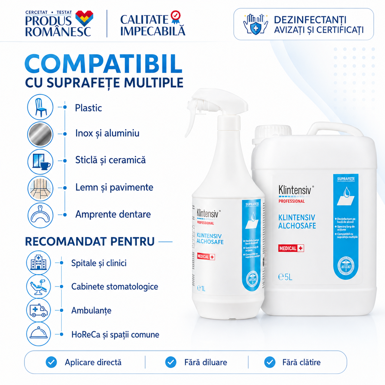 Instrucțiuni utilizare Klintensiv Alchosafe pulverizare ștergere imersie amprente dentare