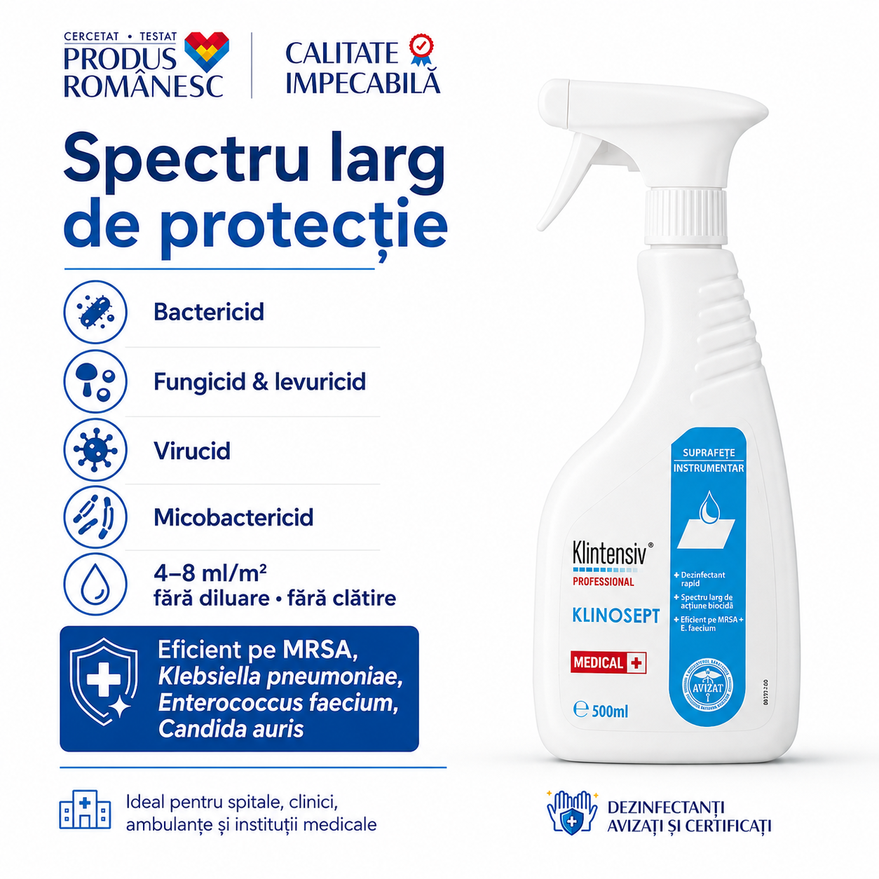 Instrucțiuni utilizare Klinosept pulverizare ștergere imersie 4-8 ml pe metru pătrat