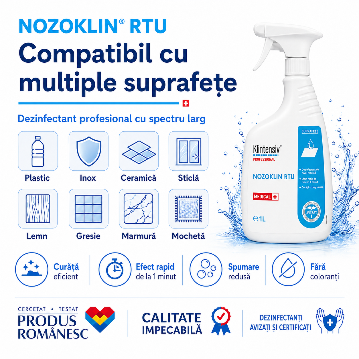 Instrucțiuni utilizare Nozoklin RTU pulverizare ștergere 1 p&acirc;nă la 15 minute