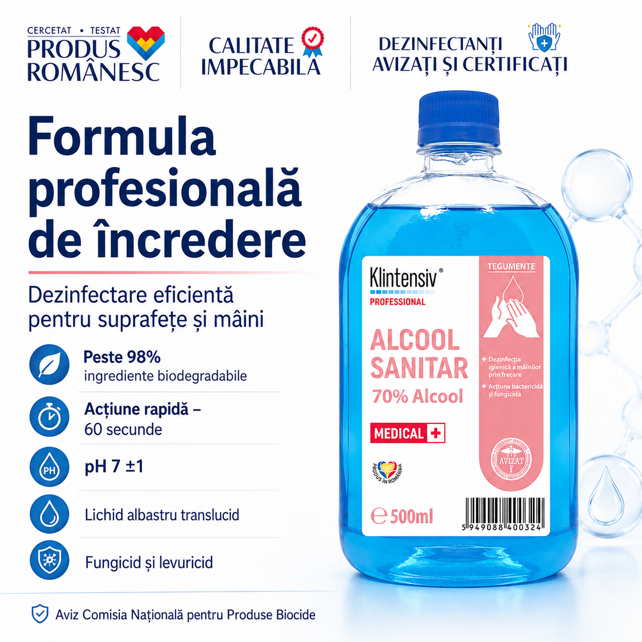 Utilizări Alcool sanitar Klintensiv 70% pentru suprafețe dure și igiena m&acirc;inilor