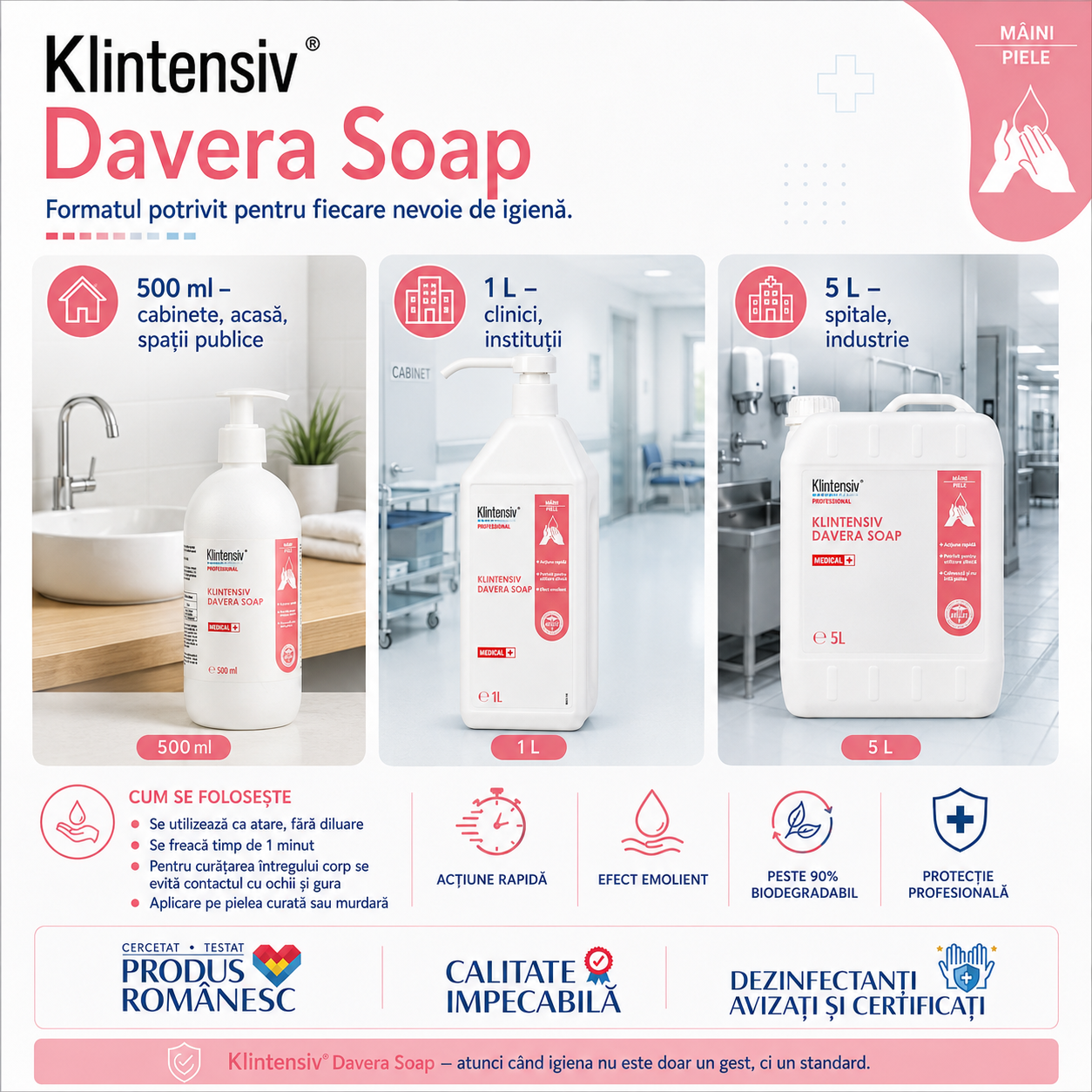 Instrucțiuni utilizare Klintensiv Davera Soap frecare 1 minut piele intactă fără diluare