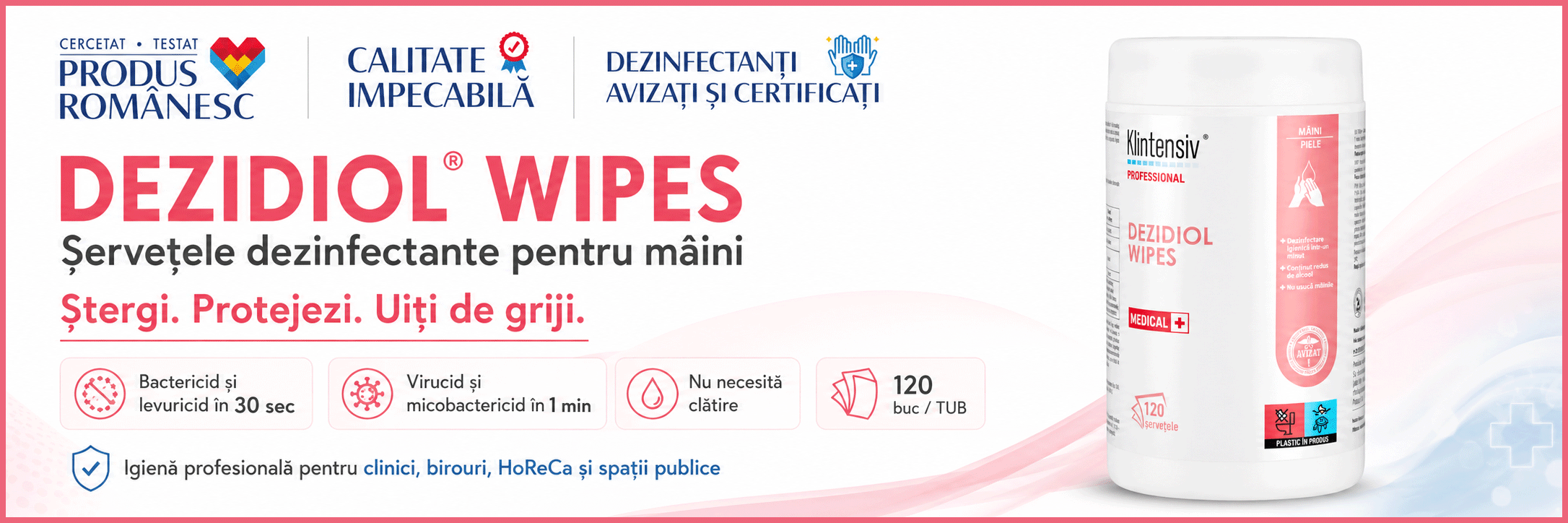 Dezidiol Wipes șervețele dezinfectante m&acirc;ini cu 2 alcooli și clorhexidină