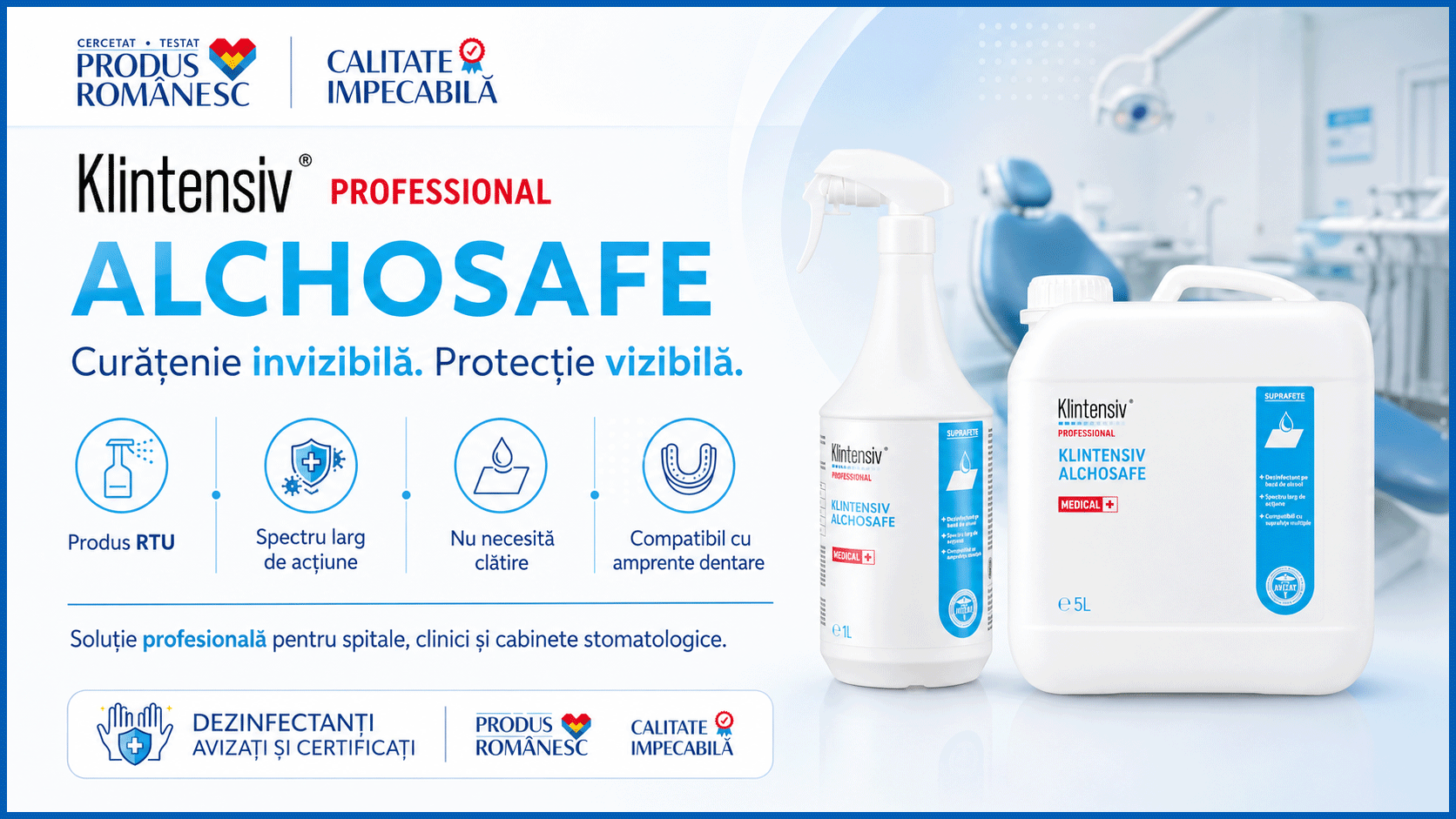 Klintensiv Alchosafe dezinfectant profesional suprafețe și amprente dentare